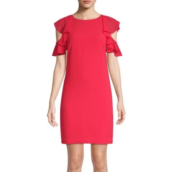 Trina Turk Women Dress 0 Watermelon Red Sheath Sheer Flutter Classic Girly Party - Picture 1 of 16